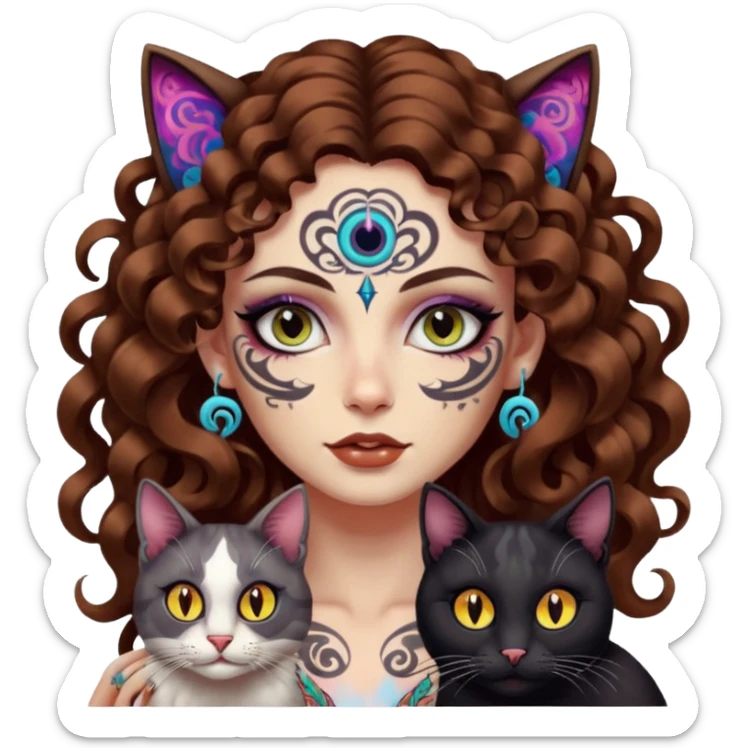 woman with long curly brown hair, brown eyes, white skin, tattoos, black cat with psychedelic spiral eyes mirroring hers sticker