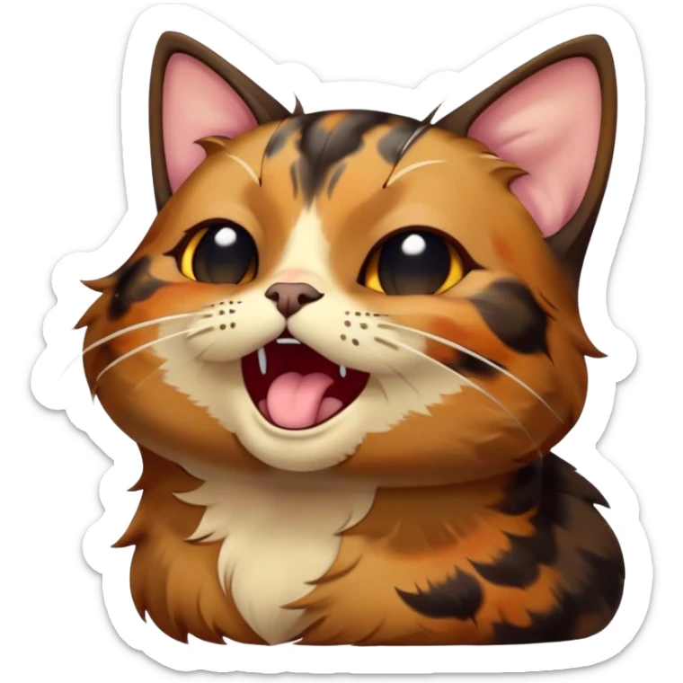 Cinematic Cute Yawning Tortoiseshell Cat Portrait Emoji, Head slightly tilted with a wide, adorable yawn and half-closed, dreamy eyes, featuring a warm, mottled fur of rich browns and blacks, simplified yet irresistibly cute, highly detailed, glowing with a soft, slumbering radiance, high shine, exuding a relaxed, drowsy charm, styled with a gentle, soft glowing outline, capturing the essence of a tortoiseshell cat in a precious moment of sleepy delight! sticker