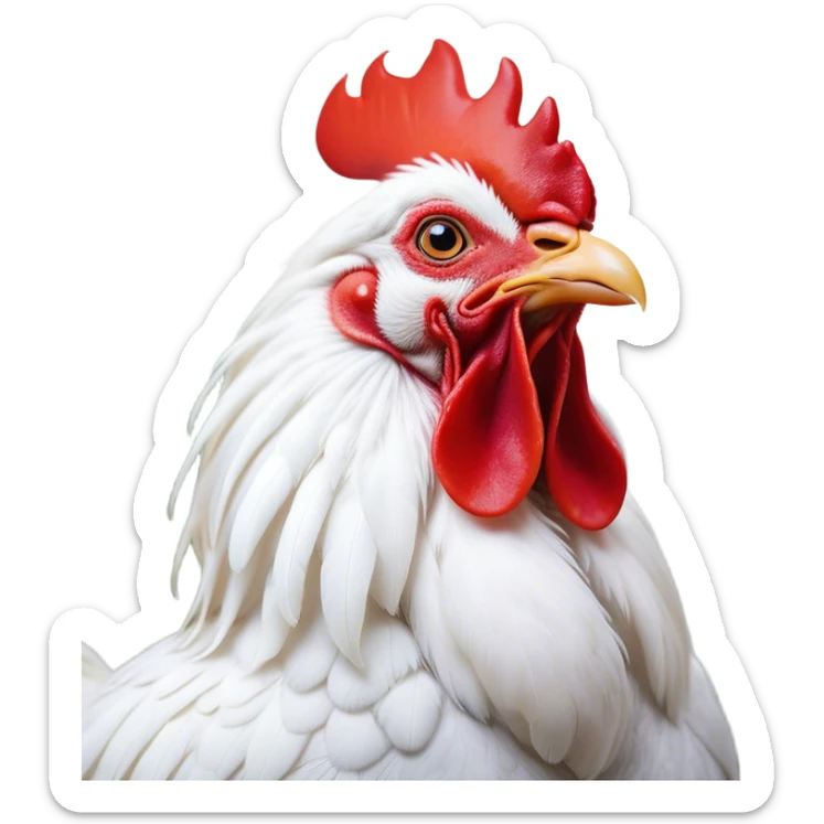 Cinematic Cute Yawning White Rooster Portrait Emoji, Head tilted slightly with a dramatic, wide-open yawn, showcasing a soft, downy white plumage with a crisp red comb and drooping wings, round eyes barely open in drowsy contentment, Simplified yet irresistibly adorable features, highly detailed, glowing with a soft, cozy glow, high shine, relaxed yet expressive, stylized with a touch of whimsy, bright and endearing, soft glowing outline, capturing the essence of a sleepy yet affectionate rooster, so drowsy it feels like it could stretch out of the screen and curl up for a nap! sticker