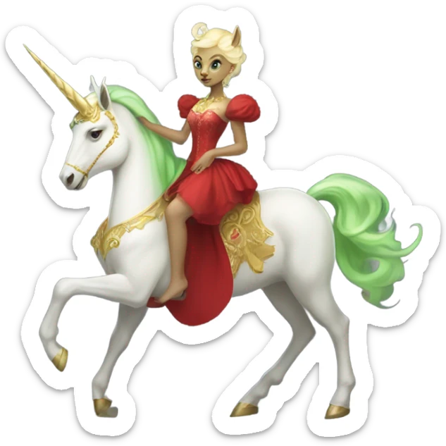 "galora green blonde alien woman" in red Victorian elegant dress, full body, rides unicorn gold and white
(NO WOKE)
 sticker