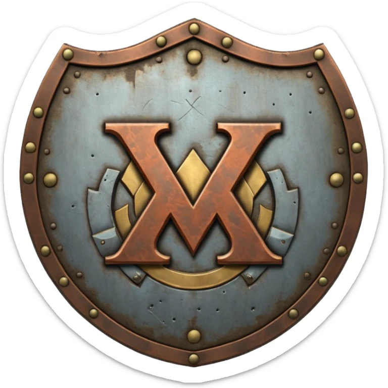 a battle worn steel shield with engraved roman numerals "XXX", the roman numerals should be prominent and in the center of the shield sticker