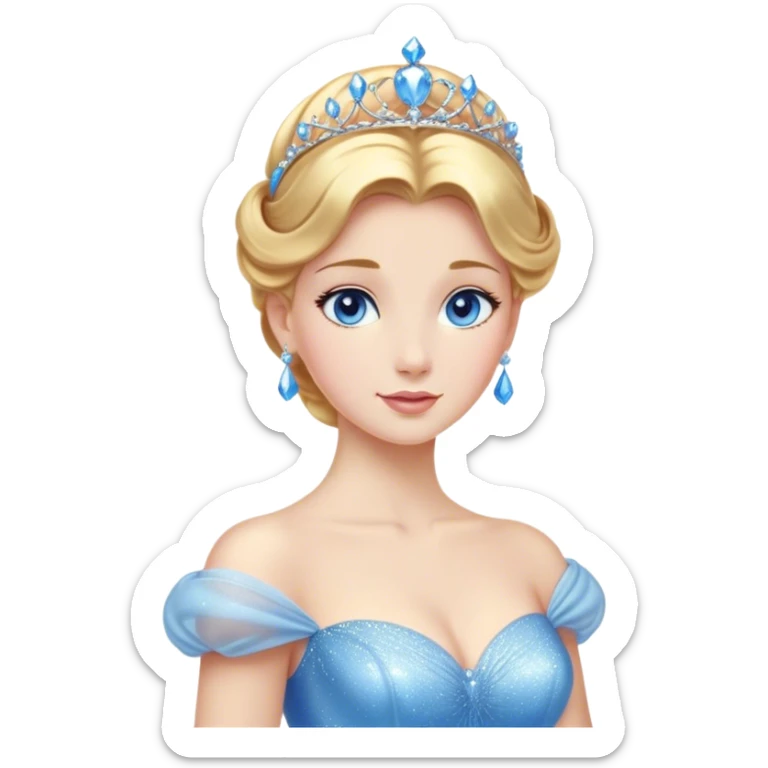 Cinematic Stunning Cinderella Portrait Emoji, Radiant in her sparkling blue ball gown, golden hair in a perfect updo, soft blue eyes full of wonder, glistening tiara, glowing with an ethereal beauty, regal yet kind, a dreamlike aura surrounds her, capturing the essence of a fairy tale princess, elegant and breathtaking! sticker