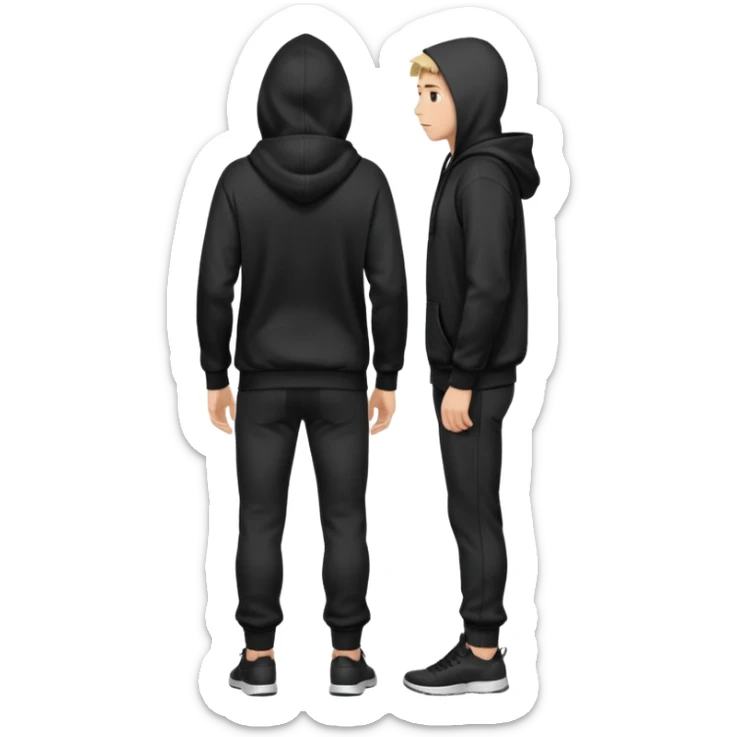 fullbody Mysterious shy caucasian man in black hoodie on head, hands in pockets and black pants rear backview sticker