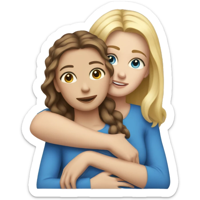 Mom with brown hair & blue eyes hugging daughter with blonde hair & blue eyes sticker