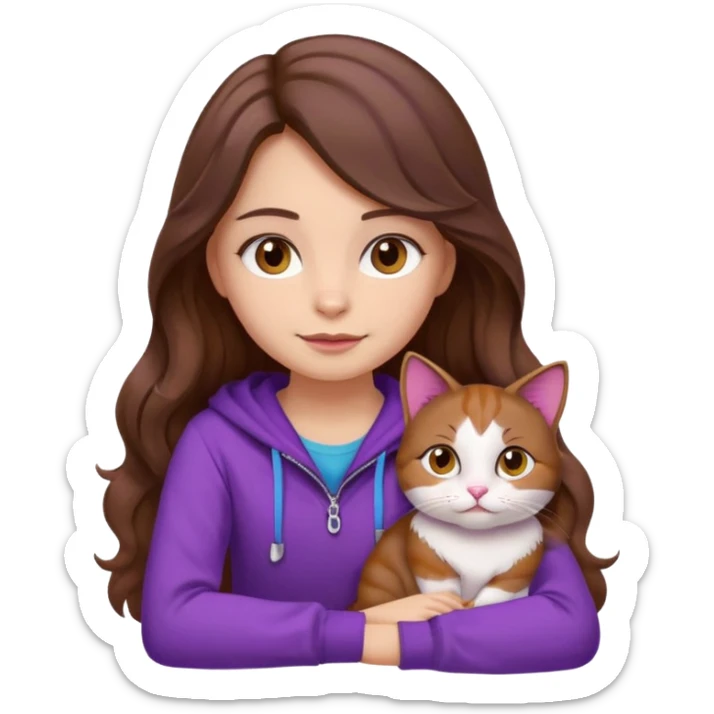 a girl with long wavy brown hair and brown eyes, wearing purple clothes, sitting with a three-color cat, emoji style sticker
