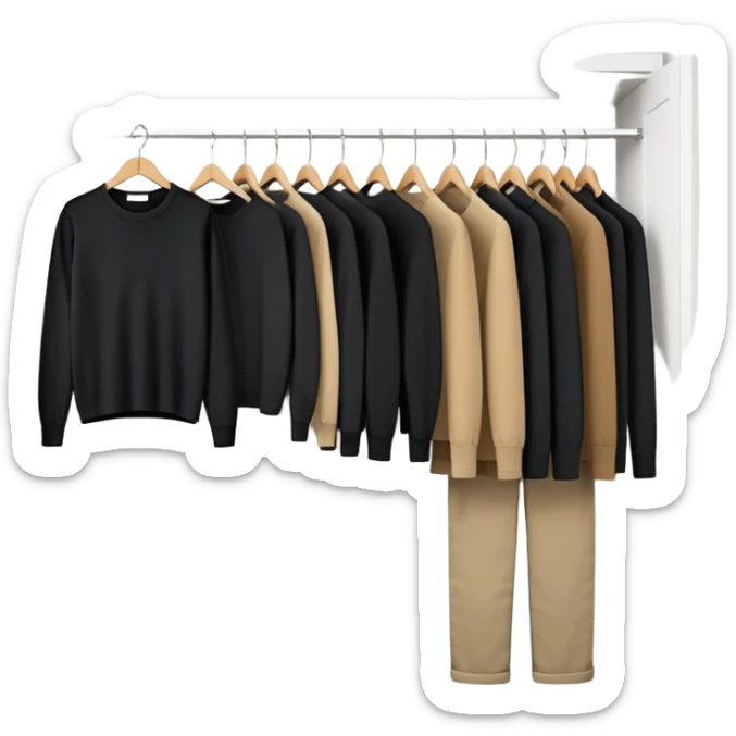 Cute closet with door ajar revealing black long sleeve shirts, sweaters, and khaki work pants hanging organized sticker