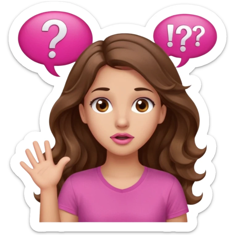 girl with long wavy brown hair, brown eyes, light to medium complexion, in a pink shirt, pink lips, long lashes, shugging, question mark one speech bubble sticker