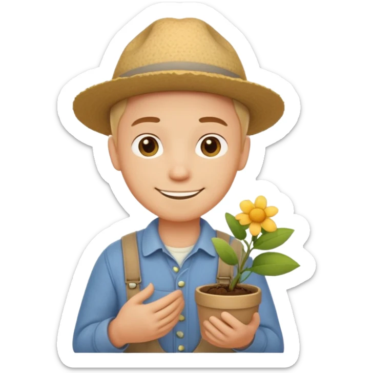 A calm, friendly male cartoon character with light skin, simple farm clothes, warm smile, holding a small plant or flower, stylized as a cute, readable emoji icon with soft earthy color sticker