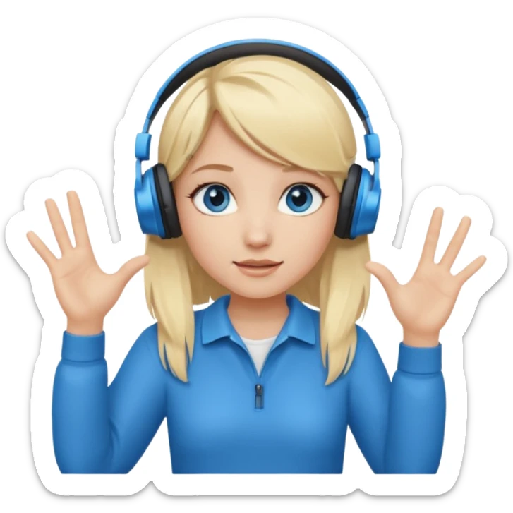 girl with blonde hair and blue eys, having on ears heaphones, with heands telling what  sticker