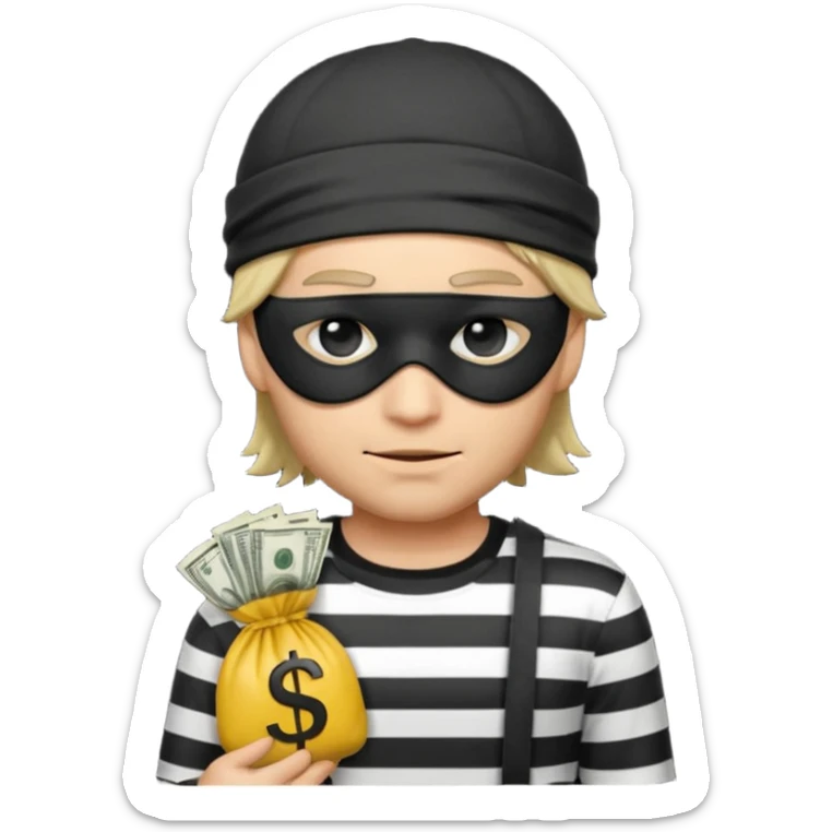 a short ios emoji-style portrait of a classic burglar, a black eye mask (looks like a blindfold) and a black-and-white striped shirt. emoji-like hair, black hat, ONE bag of money 💰 with a dollar sign in a right corner sticker