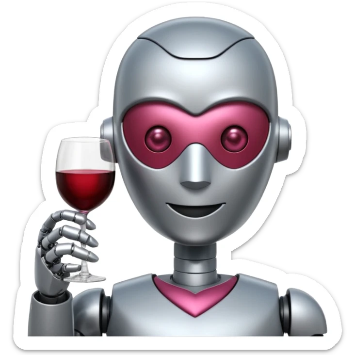 Un robot elegante con vino en la mano y una sonrisa tímida y unos ojos de corazónes rosas sticker