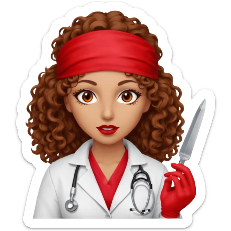 Scary woman scalpel in hand, evil surgeon sexy surgeon clothes.  She has red eyes. Her  brown long curly hair. Wears sexy doctor outfit with red gloves. Only uses red bandanna  to hide her face mouth with red bandana to hide her identity sticker