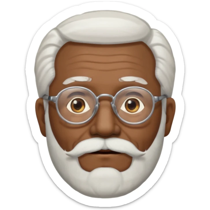 An elderly man emoji with medium-dark skin tone, long face, white hair on the sides, glasses, light eyebrows, and a light white beard. sticker
