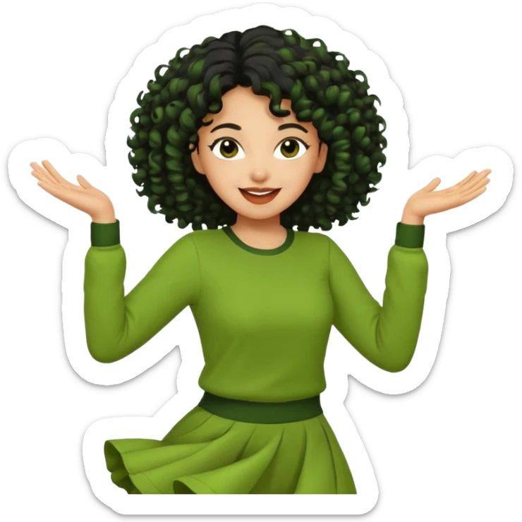 a woman with olive skin tone and curly black hair wearing green and dancing sticker