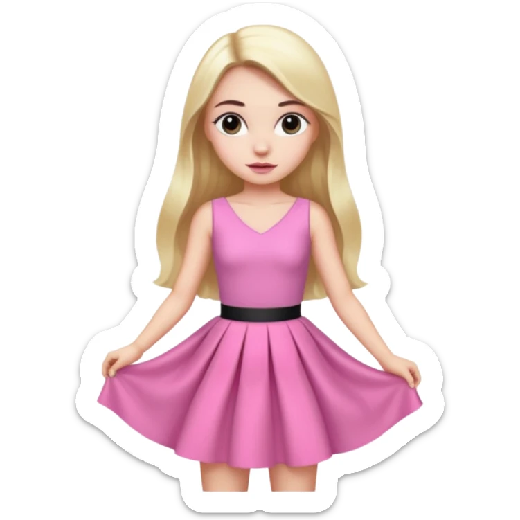 A photo of a white-skinned girl with black eyes and eyebrows and long bare hair, a beautiful pink skirt dress that has a lot of glamour and looks almost like a prince sticker