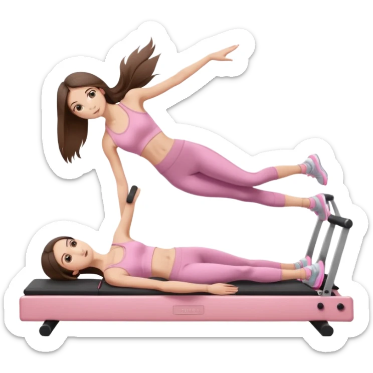 pretty skinny white brunette teen long hair with hazel eyes and a small waist in light pink workout clothes in a plank on a pilates reformer sticker