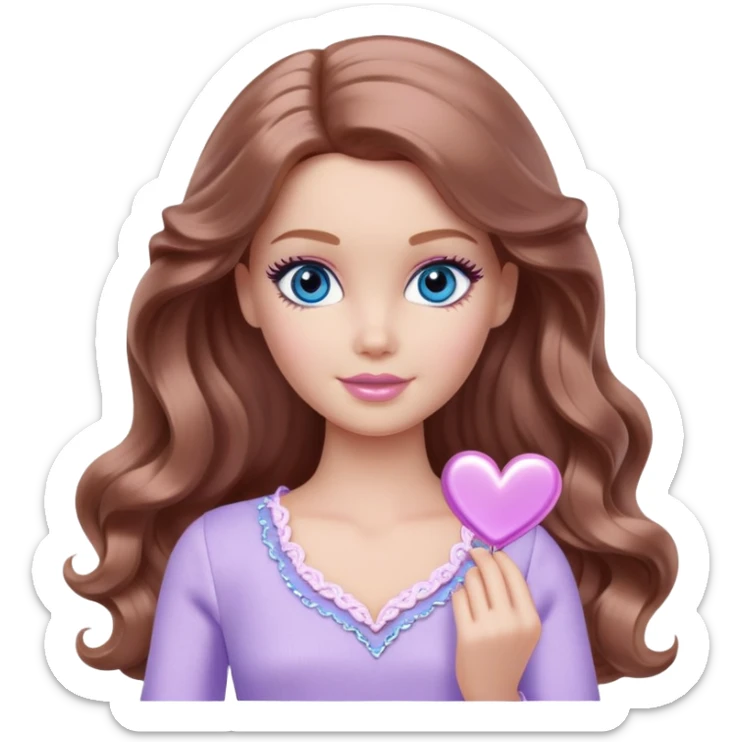 Barbie girl Chestnut long wavy hair and blue eyes is In pale purple clothes a silver heart  sticker