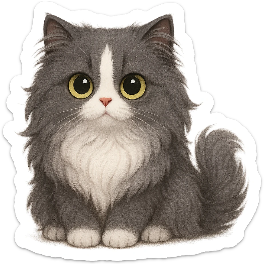 cute Persian cat with long gray fur, white spot on forehead, white chest, big cute yellow-green eyes, adorable style sticker