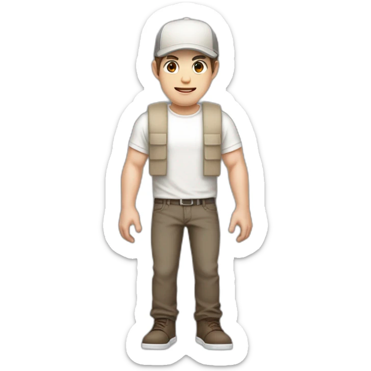 Pale skinned fit Man with dark brown hair in a beige cap, gray jeans, brown polo and white T-shirt keeping a pasted with tape white box into his hands sticker
