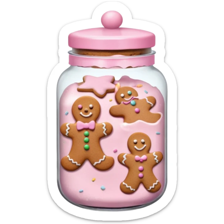 pastel pink christmas cookies in different shapes and one gingerbread man in pastel pink jar with pink lid  sticker