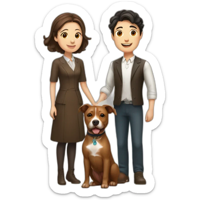 Young Jewish man and Chinese lady with brown Staffordshire terrier dog sticker