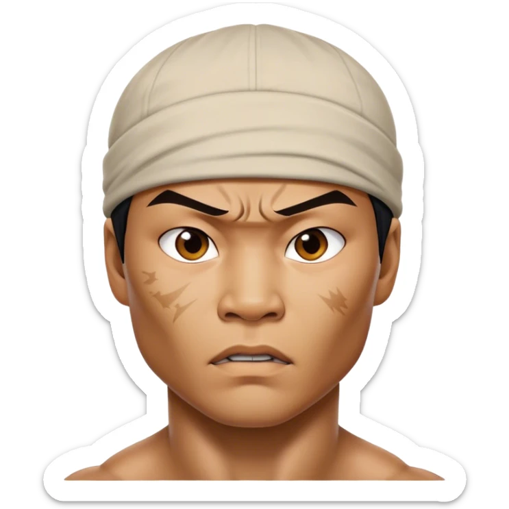 ​Cinematic Realistic Portrait of Tony Jaa, a close-up depiction capturing his intense, determined expression and finely detailed features, rendered with dramatic natural lighting that emphasizes his rugged athleticism and unmistakable martial arts presence, sticker