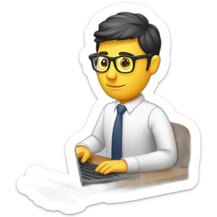 Periodista escribiendo en la computadora con lentes grabadora cámara lápiz y cuaderno sticker