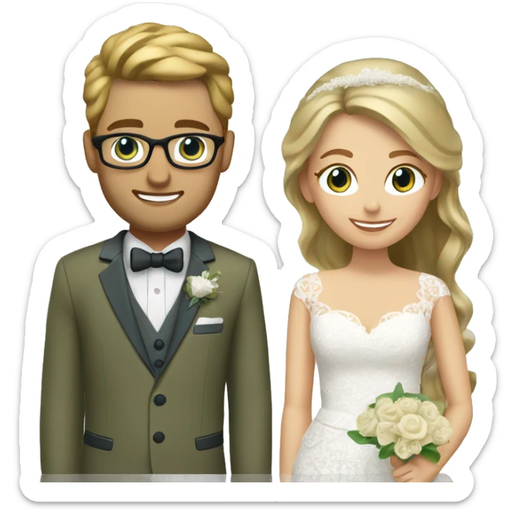 Wedding couple. Bride has brown hair pinned up. She wears lace dress. She has blue eyes. Groom has olive green suit and brown vest. He has blond hair. He wears glasses. He has blue eyes. sticker