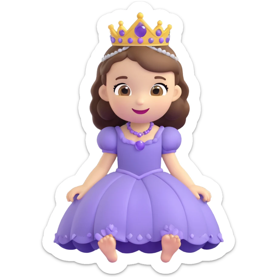 Sofia the First as a 3D emoji, sitting with her animal friends, in her purple dress and tiara, joyful sticker