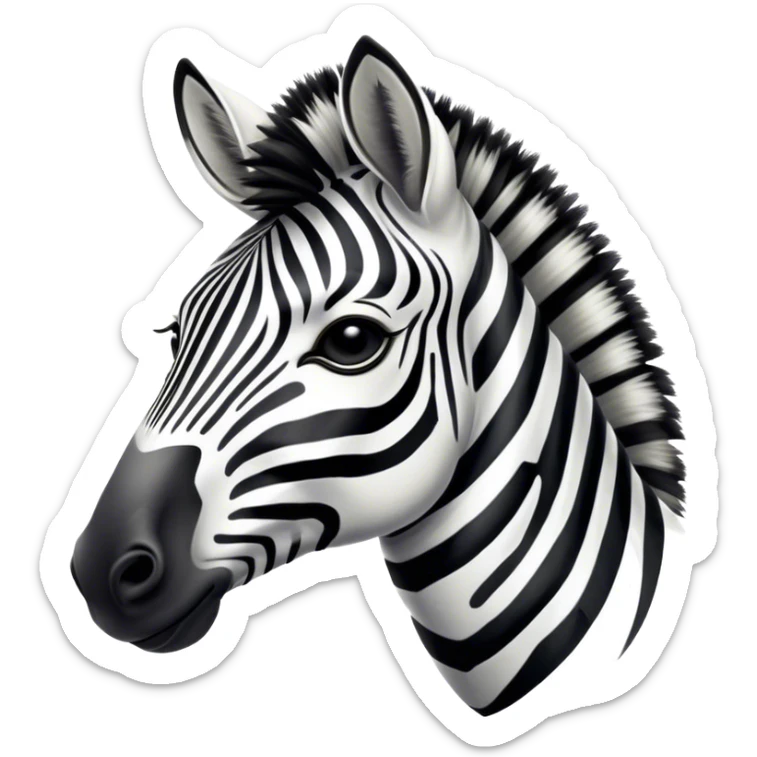 Cinematic Noble Zebra Portrait Emoji, Poised and regal, with a lean, elegant build and a striking Fur of bold black and white stripes, deep-set soulful piercing eyes, Simplified yet sharp and sophisticated features, highly detailed, glowing with a soft, dignified glow, high shine, intelligent and graceful, stylized with an air of savannah chic, focused and attentive, soft glowing outline, capturing the essence of a watchful and confident equine, so majestic it feels as though it could gallop out of the screen with effortless authority! sticker