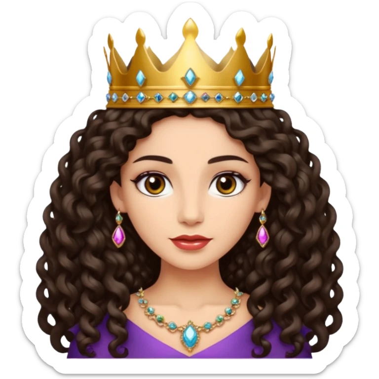 Queen with long dark curly hair, dark brown eyes, light olive skin tone. can you make the skin tone lighter? sticker