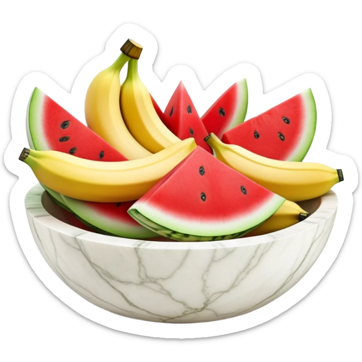 A simple 3D color illustration of a fruit bowl made of white marble with sliced watermelon, sliced banana with realistic shading and texture, on a pure white background. sticker