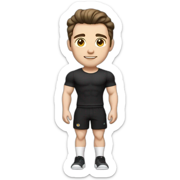 Pale skinned Fit Man With the biceps and dark brown hair in black shirt, gray sports shorts and white Sneakers sticker
