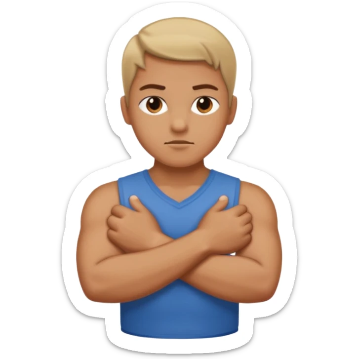 iOS-style 3D emoji: a stern-faced person with arms crossed in an X shape in front of their chest, body leaning slightly forward sticker