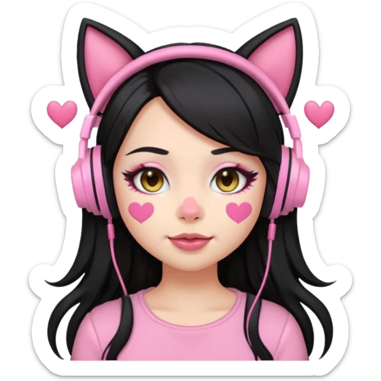 “Emoji girl, pastel pink streaks in thick long black hair hair, bold winged eyeliner, heavy blush on cheeks and nose bridge, under-eye hearts, glossy pink lips, playful smirk and gaming headphones and cat ears.” sticker