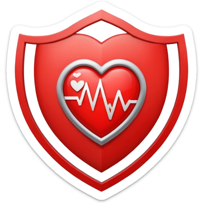 Health monitoring icon, heart inside shield, signal waves, emoji style, modern clinic branding sticker