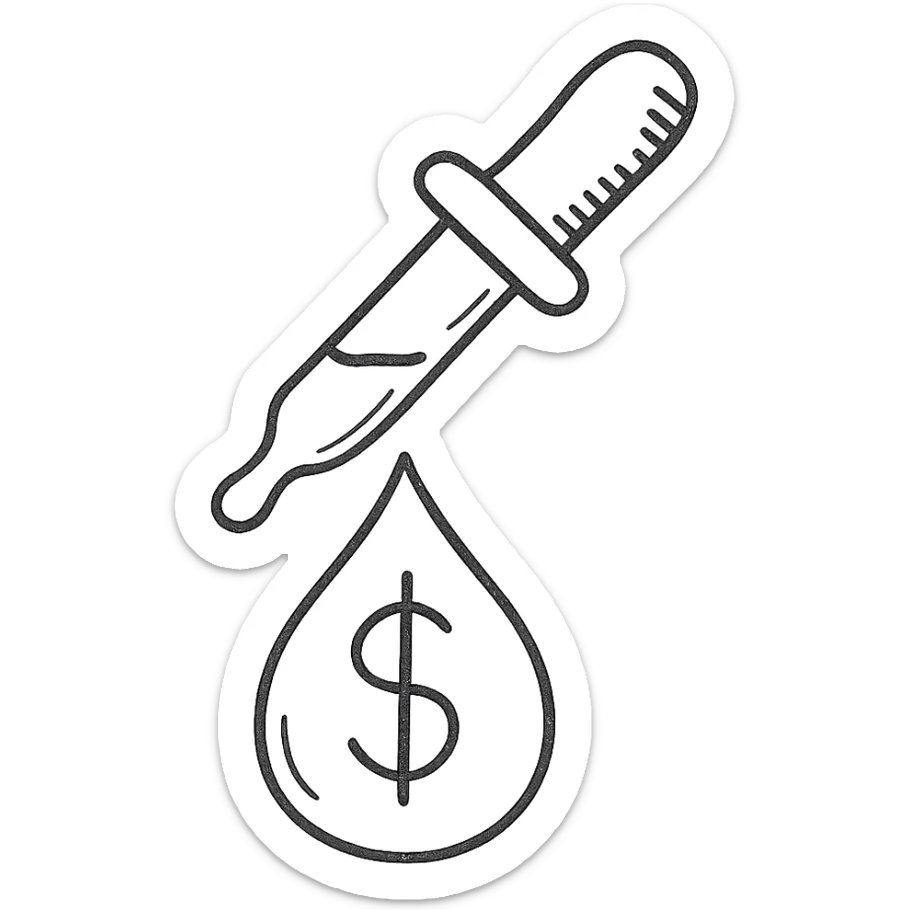 hand-drawn outlined pipette at the top of a golden drop with a dollar sign inside the drop sticker