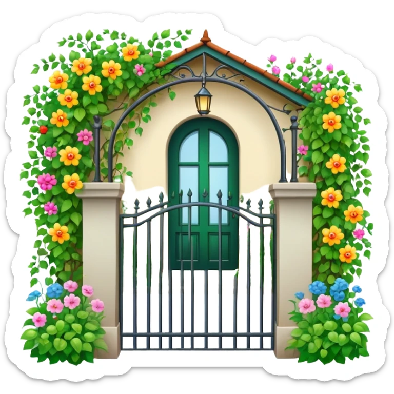 iron fence house entrance with vines, flowers and garden sticker