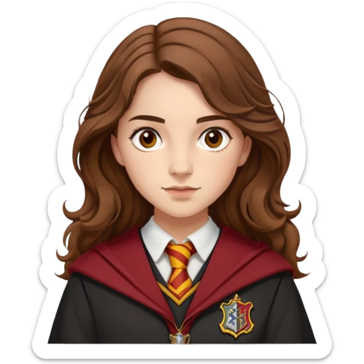 Georgina Leonidas is Katie Bell in harry potter, wear hogwarts gryfindor uniform, medium-to-long, wavy brown hair, a practical and natural look, light skin sticker