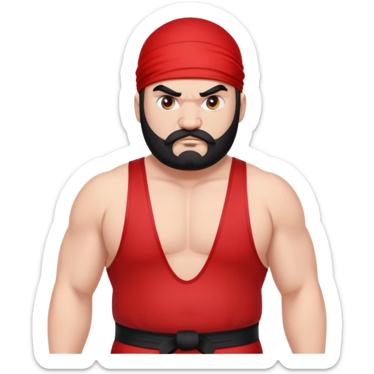 Close-up of extremely fat white skin guy with young face, prominent BLACK DURAG tied clearly on head, distinct black beard and mustache, no muscle, black eyes in a red and black wrestling singlet with angry face sticker