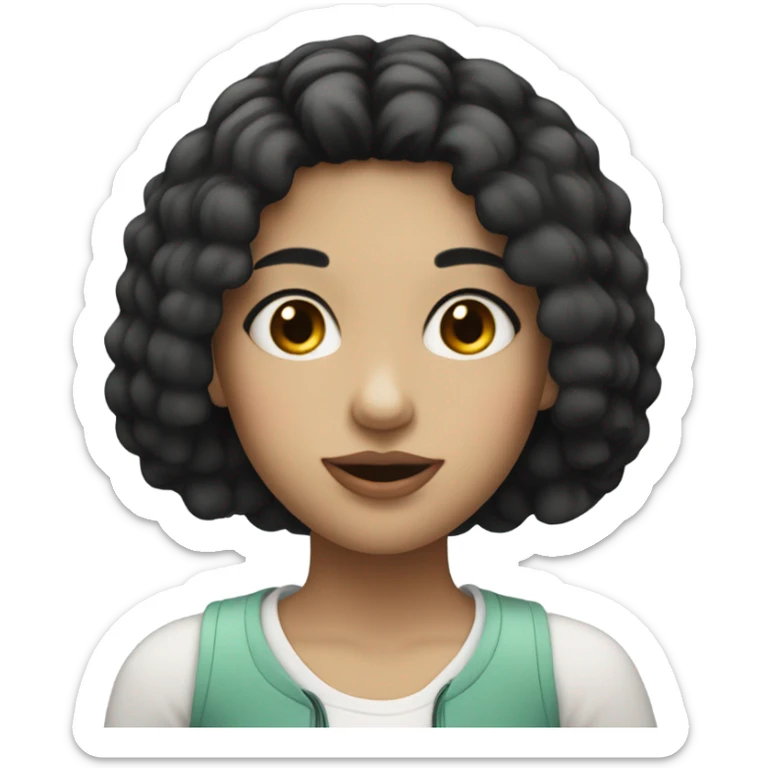 Girl with short black hair, white skin and brown eyes and she drinking a sticker