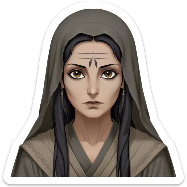 Mirri Maz Duur is a weathered, middle-aged Lhazareen woman with deep-set dark eyes, high cheekbones, and a sharp nose, giving her a stern, knowing expression. Her long, unkempt dark hair streaked with gray falls loosely over her shoulders, and her earth-toned, tattered robes mark her as a humble healer. Despite her frail appearance, she exudes an aura of mystery and menace, her hands stained with herbs and blood from both healing and dark sorcery. sticker