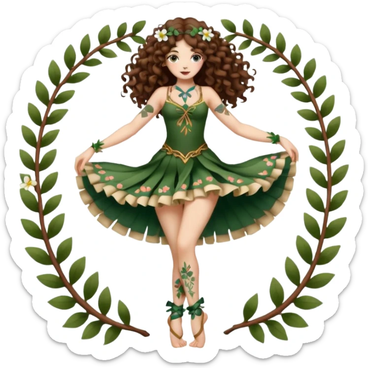 full body woman long curly brown hair brown eyes white skin tattoos forest nymph dancer pose, petal ribbons around legs sticker