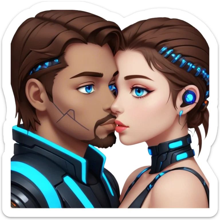 Neon cyberpunk style 
girl with brown hair and blue eyes kiss man sticker