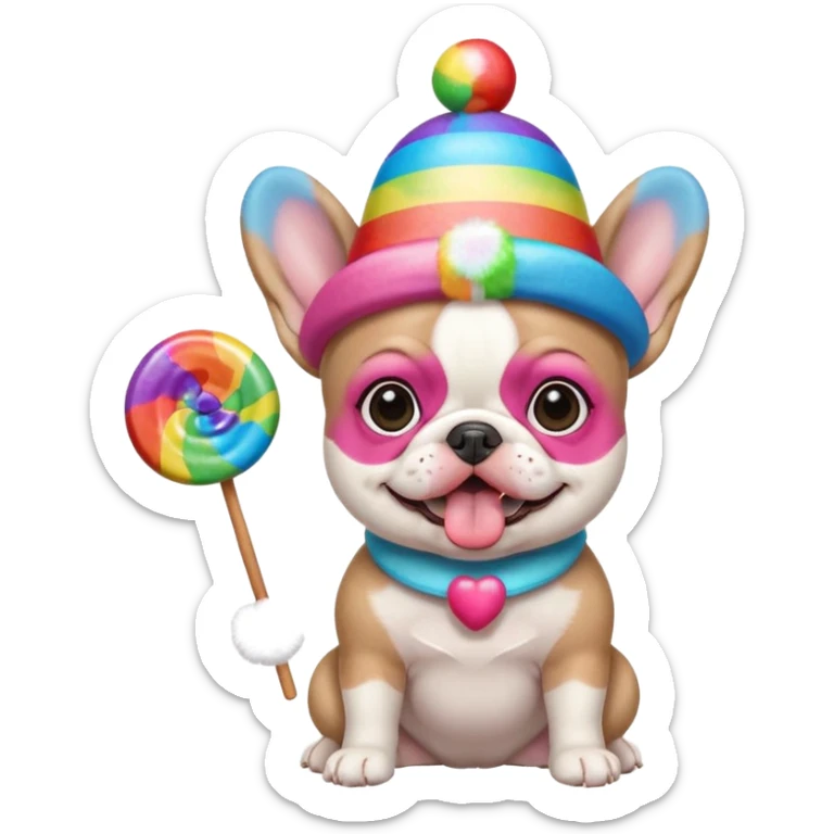 baby french bulldog wearing a propeller hat and holding a comically large rainbow lollipop  sticker