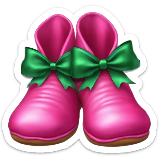 Realistic hot pink pair of elf shoes with green silk bow on top. sticker