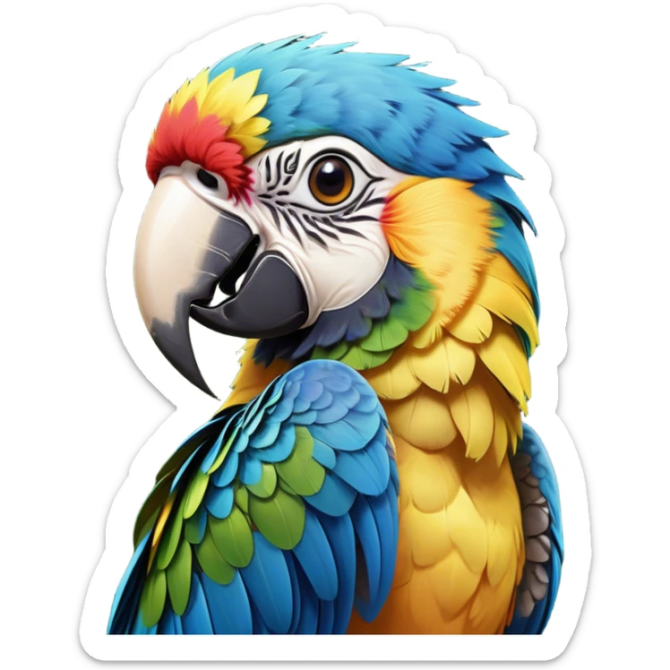 Cinematic Cute Macaw Portrait Emoji, Head tilted playfully and inquisitively, with a dazzling array of colorful plumage and round, sparkling eyes filled with charm, Simplified yet irresistibly adorable features, highly detailed, glowing with a warm, friendly tropical glow, high shine, affectionate and lively, stylized with a touch of whimsical vibrancy, bright and endearing, soft glowing outline, capturing the essence of a mischievous yet loving parrot that seems as if it could flutter out of the screen into your arms! sticker