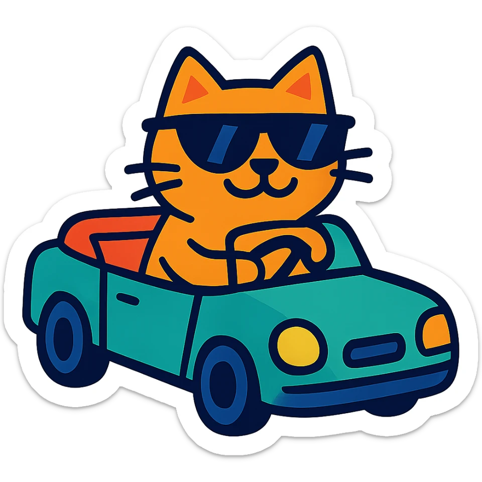 chat avec des lunettes de soleil dans une voiture décapotable, style cartoon vibrant sticker