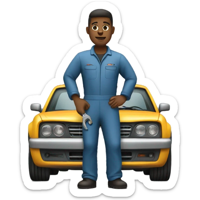 A mechanic working in a garage, wearing a jumpsuit, holding a wrench, and standing next to a car that needs repairs sticker