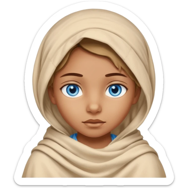 blue eyed desert child girl cowered with creme cloth sticker